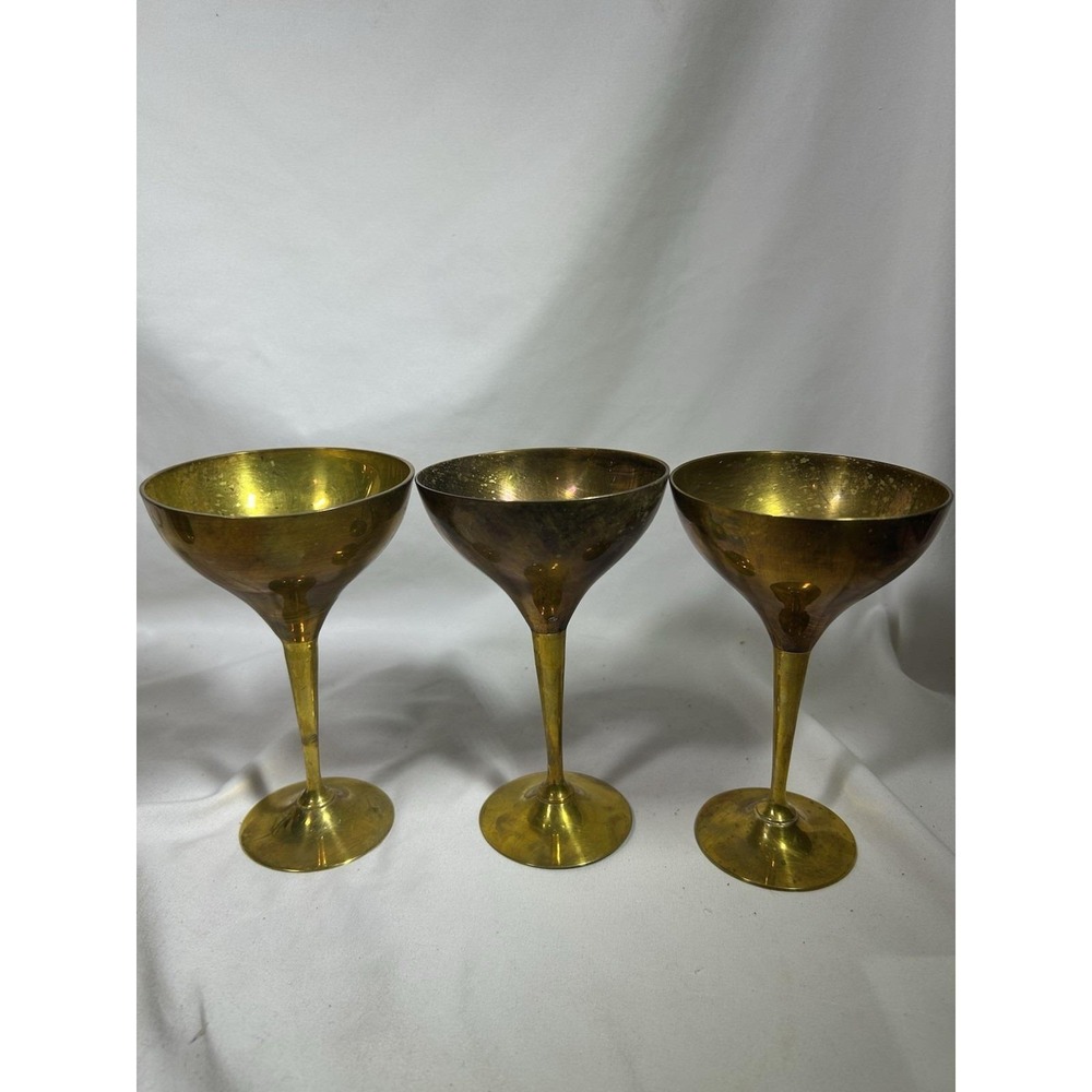 Vintage Set of 3 Brass Goblets Patina Wine Glasses Cups 6" Tall MCM Mid Century